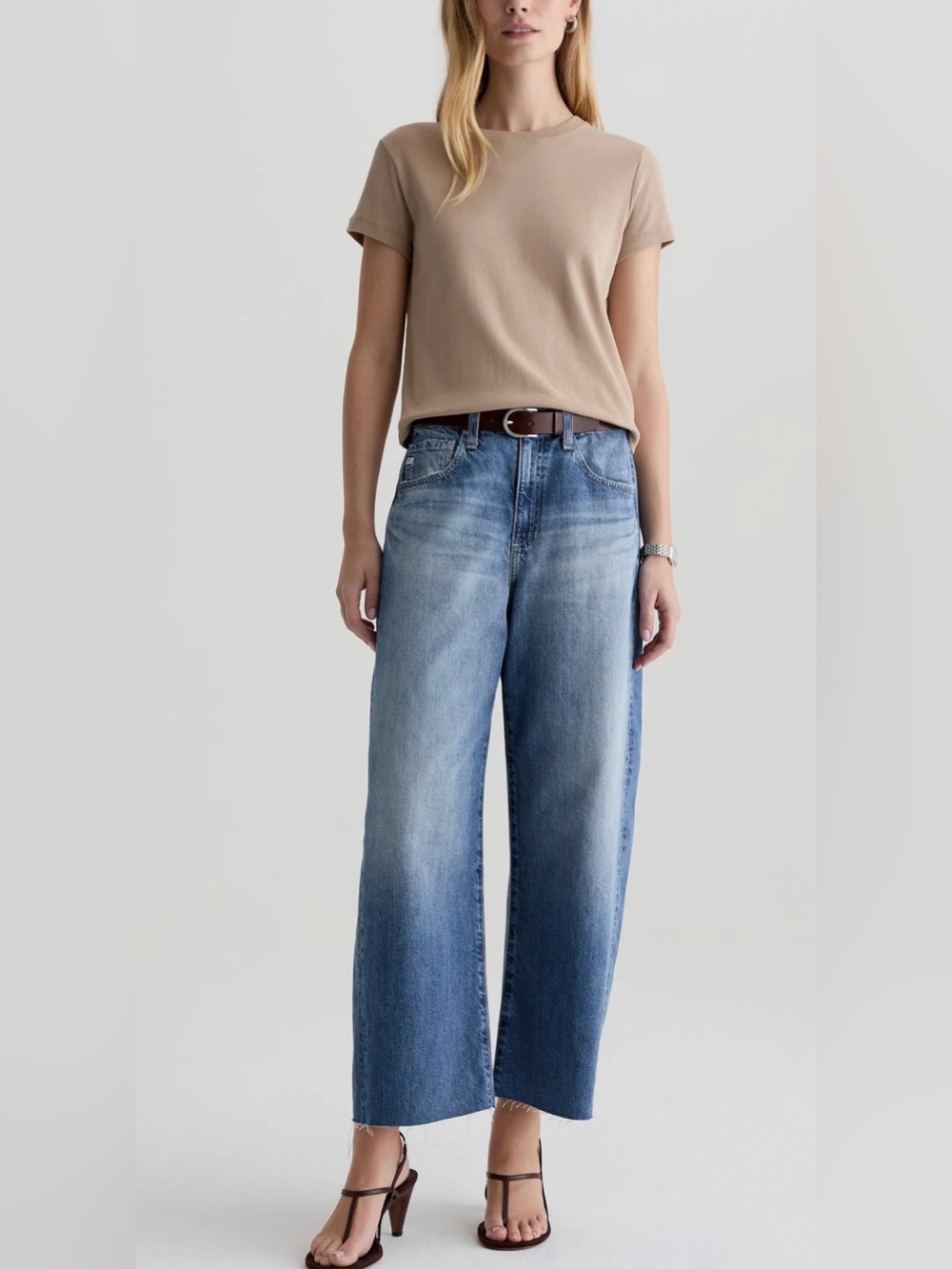 AG Women's Blue Hattie Raw Hem High Waist Crop Barrel Leg Jeans Size 28